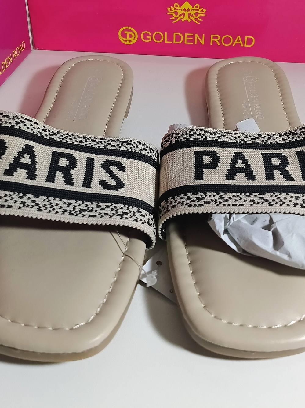 Golden Road New York "PARIS" Embroidered Canvas Slide Sandals - Beige Size 10 - Picture 6 of 6